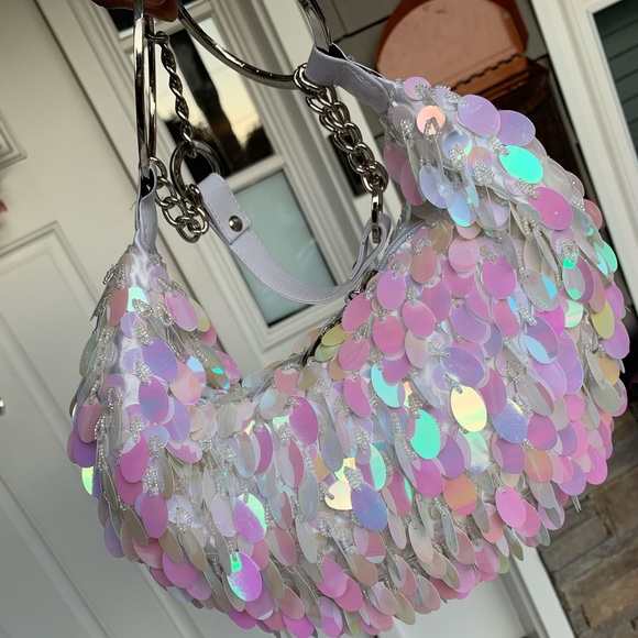 Mini Sparkly Sequined Hoop Strap Hobo Shoulder Bag - Picture 2 of 13
